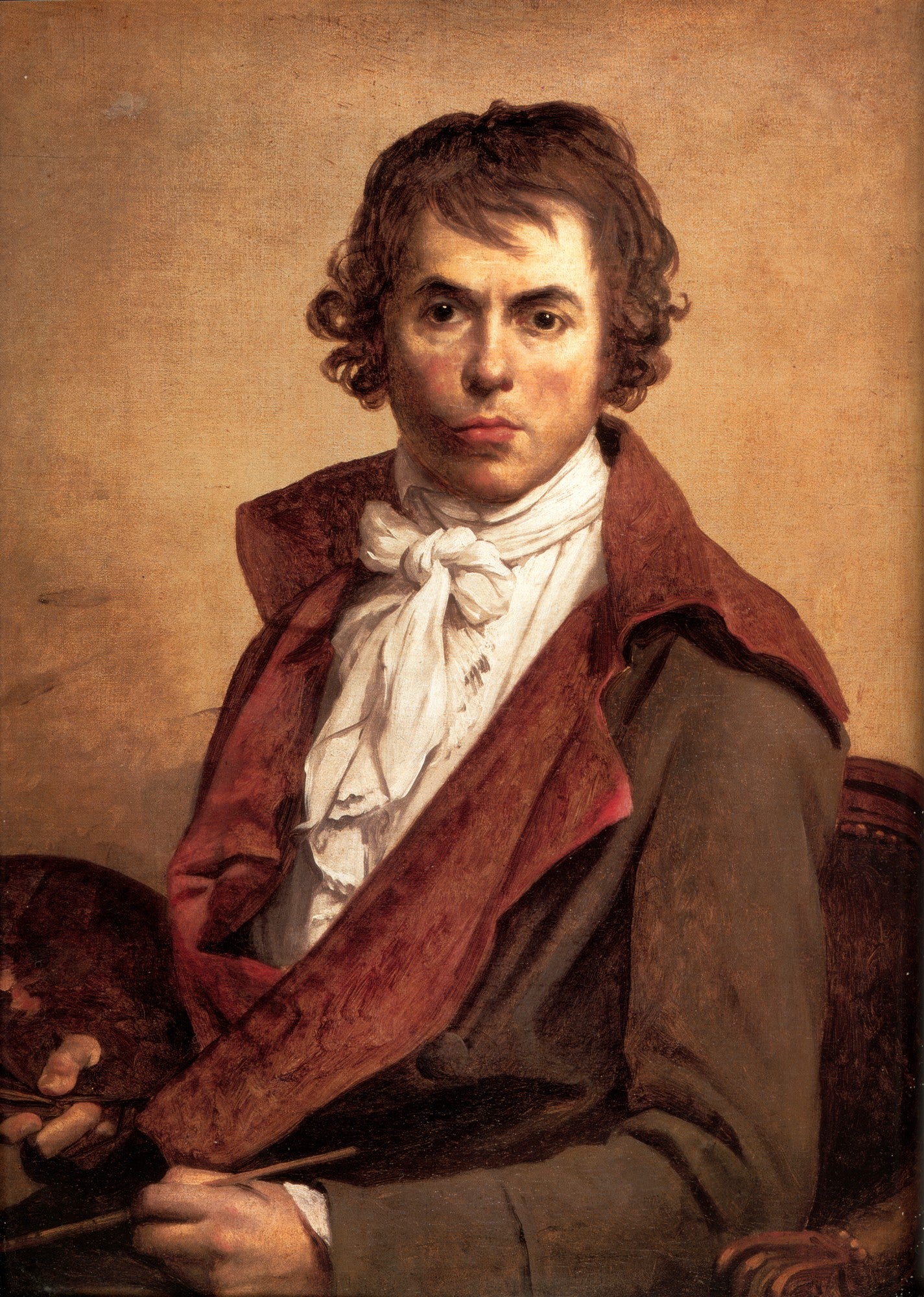 Autorretrato de Jacques-Louis David, mostrando o artista com cabelo encaracolado, vestindo um casaco marrom-avermelhado e uma camisa branca com laço no pescoço, segurando uma paleta e pincéis.