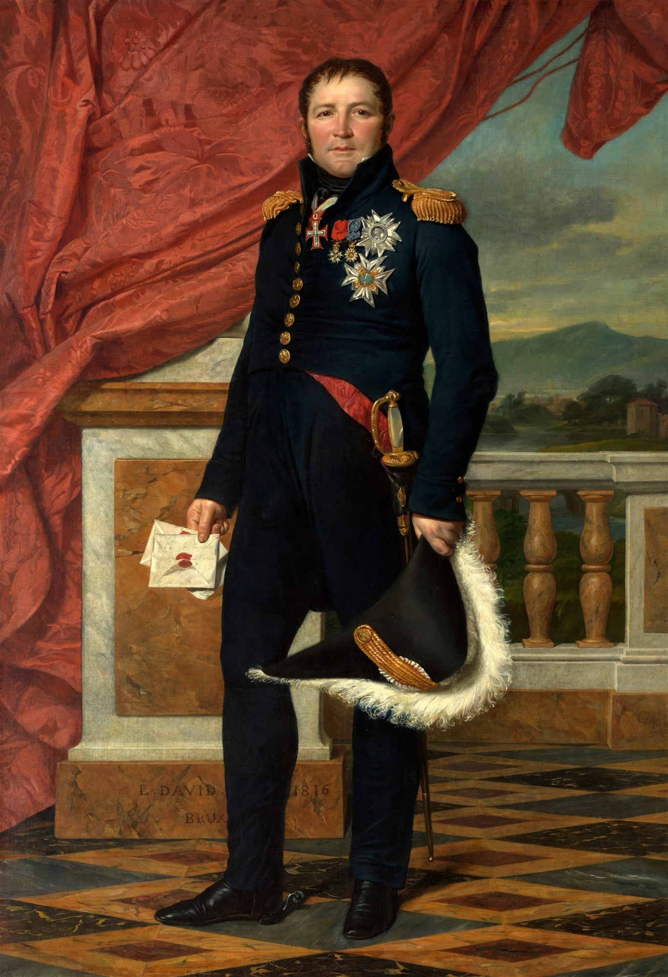 Retrato de Henriette de Verninac por Jacques-Louis David, mulher jovem sentada em traje romano, com vestido branco e xale vermelho, fundo simples e clássico