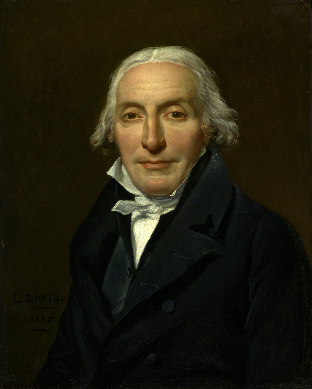 Retrato de um homem de meia-idade, com cabelos brancos e vestindo um casaco escuro, sobre um fundo marrom escuro, pintado por Jacques-Louis David.
