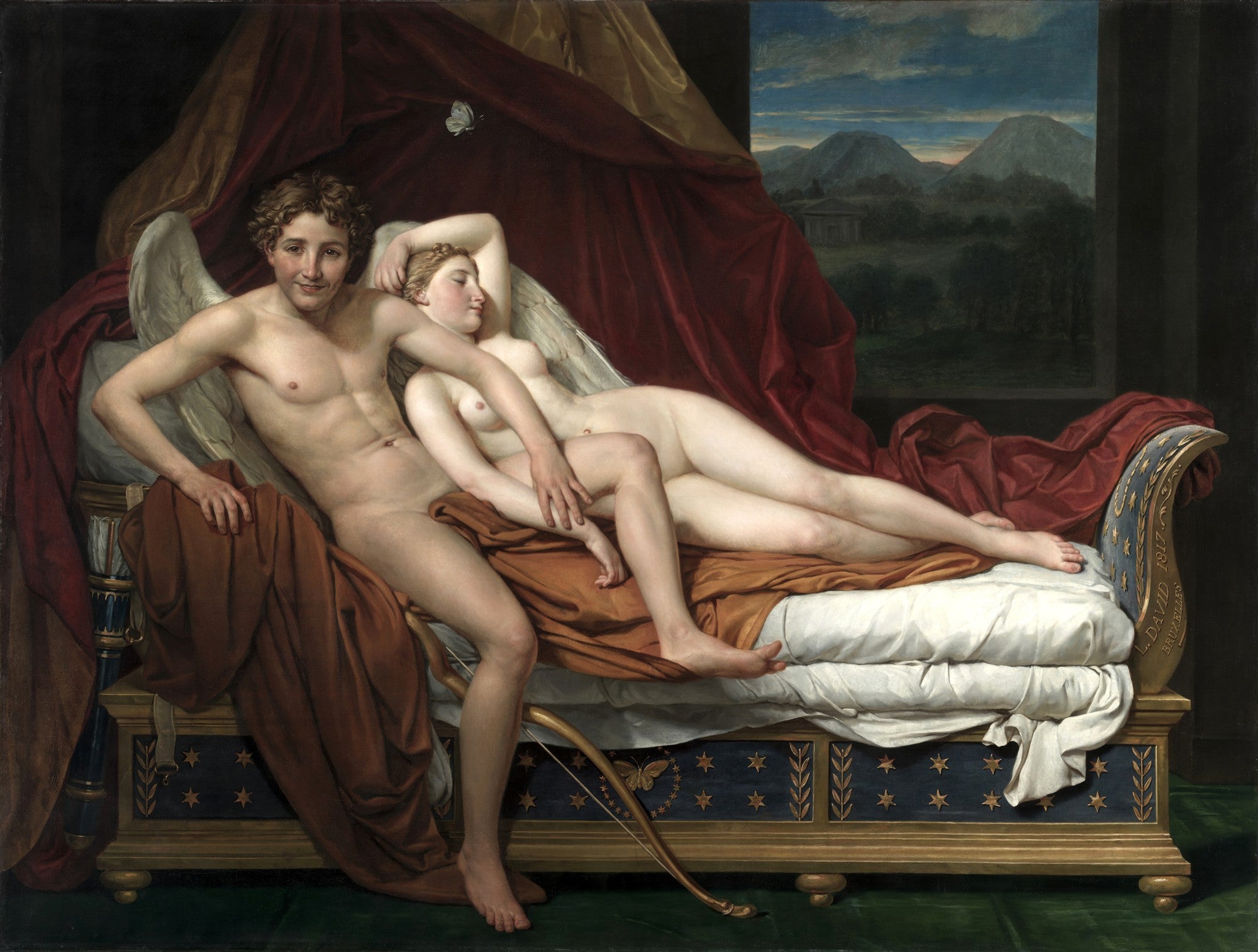 Quadro decorativo detalhado de 'Cupido e Psique' de Jacques-Louis David, mostrando o deus Cupido alado e a mortal Psique em um leito, com uma paisagem ao fundo, em estilo neoclássico.