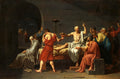 Pintura 'A Morte de Sócrates' de Jacques-Louis David, mostrando o filósofo sereno no centro, com um cálice, rodeado por seus discípulos em luto e desespero em um cenário de prisão escura, com cores sóbrias e detalhes dramáticos.