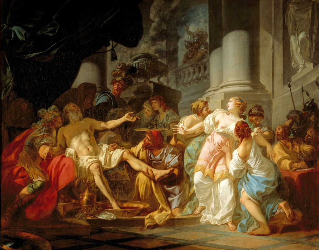 Pintura neoclássica de Jacques-Louis David, "A Morte de Sêneca", mostrando o filósofo estoico Sêneca deitado, com o braço estendido, cercado por figuras em luto e um vaso de água ensanguentada em seus pés, em um cenário de arquitetura romana antiga.