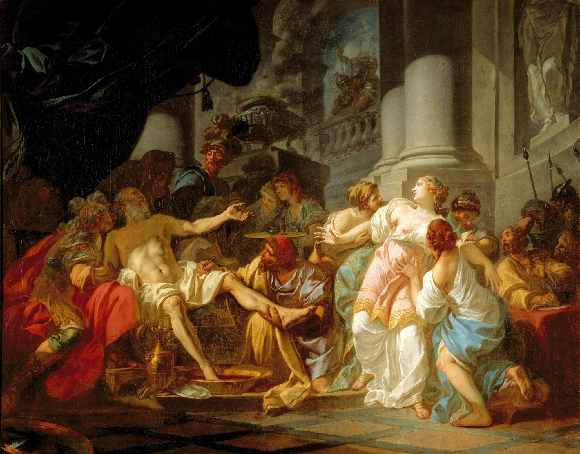 Pintura neoclássica de Jacques-Louis David, "A Morte de Sêneca", mostrando o filósofo estoico Sêneca deitado, com o braço estendido, cercado por figuras em luto e um vaso de água ensanguentada em seus pés, em um cenário de arquitetura romana antiga.