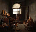 Pintura a óleo de Jacques-Louis David mostrando um estúdio de arte com vários alunos desenhando um modelo masculino nu sob a luz de uma grande janela arqueada.