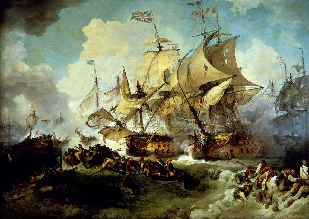 Pintura a óleo que retrata uma batalha naval caótica. Dois grandes navios de guerra, com velas rasgadas e mastros danificados, estão em confronto direto, cercados por fumaça de canhões e detritos. Pequenos botes cheios de marinheiros em apuros lutam nas águas turbulentas em primeiro plano. O céu é dramático, com nuvens pesadas e tons de azul e dourado.