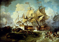 Pintura a óleo que retrata uma batalha naval caótica. Dois grandes navios de guerra, com velas rasgadas e mastros danificados, estão em confronto direto, cercados por fumaça de canhões e detritos. Pequenos botes cheios de marinheiros em apuros lutam nas águas turbulentas em primeiro plano. O céu é dramático, com nuvens pesadas e tons de azul e dourado.