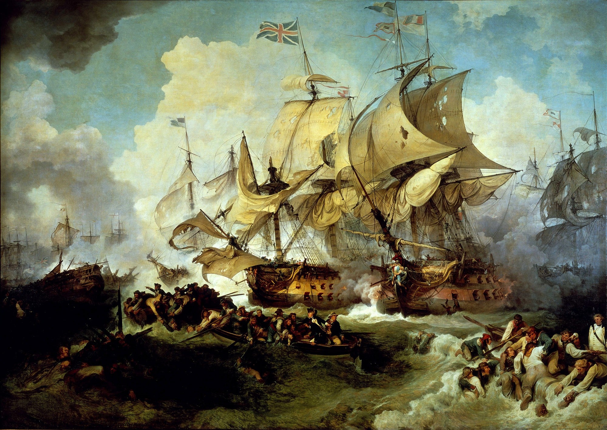Pintura a óleo que retrata uma batalha naval caótica. Dois grandes navios de guerra, com velas rasgadas e mastros danificados, estão em confronto direto, cercados por fumaça de canhões e detritos. Pequenos botes cheios de marinheiros em apuros lutam nas águas turbulentas em primeiro plano. O céu é dramático, com nuvens pesadas e tons de azul e dourado.