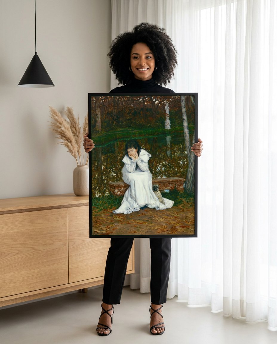 Quadro Decorativo Melancolia Outonal - James Tissot com modelo em ambiente