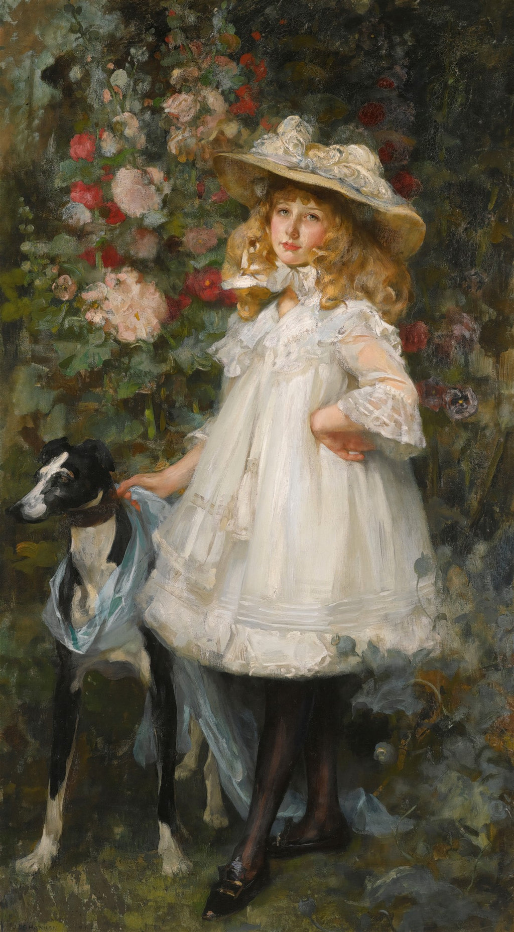 Retrato de uma menina loira com chapéu e vestido branco rendado, acompanhada por um cachorro galgo preto e branco, em um jardim florido, obra de James Jebusa Shannon.