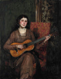 Retrato de uma mulher sentada, de vestes marrons, tocando uma guitarra clássica, com fundo escuro e uma cadeira vermelha ornamentada ao seu lado. Obra de James Jebusa Shannon.