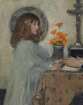 Pintura de James Jebusa Shannon, 'A Menina e o Vaso de Flores', retratando uma jovem de cabelo ruivo e vestido branco, de perfil, olhando para um vaso de flores alaranjadas sobre uma mesa com um livro aberto e as mãos de outra pessoa. Um crucifixo e um prato decorado estão ao fundo.