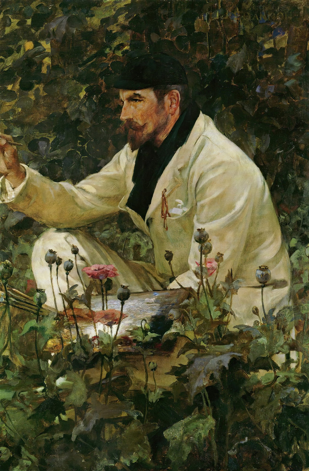 Quadro decorativo com autorretrato de James Jebusa Shannon, o artista pintando ao ar livre, cercado por plantas e papoulas.