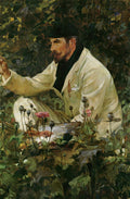 Quadro decorativo com autorretrato de James Jebusa Shannon, o artista pintando ao ar livre, cercado por plantas e papoulas.