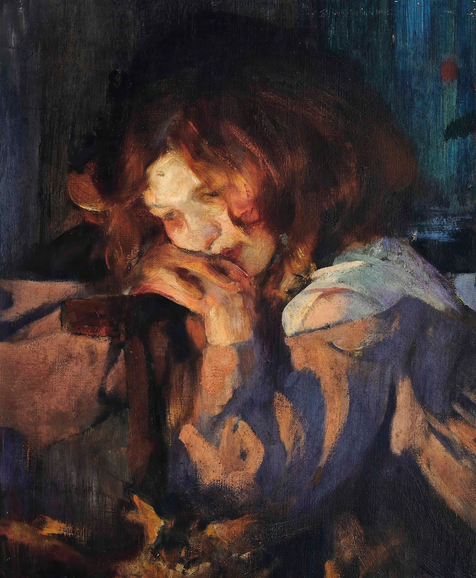 Pintura a óleo "A Contemplação" de James Jebusa Shannon, retratando uma mulher jovem de cabelos castanhos-avermelhados, com o rosto apoiado nas mãos, em uma pose pensativa. A iluminação dramática realça os tons quentes de sua pele e cabelos contra um fundo escuro e azulado, criando um efeito de luz e sombra marcante. A técnica de pinceladas visíveis confere textura e profundidade à obra.