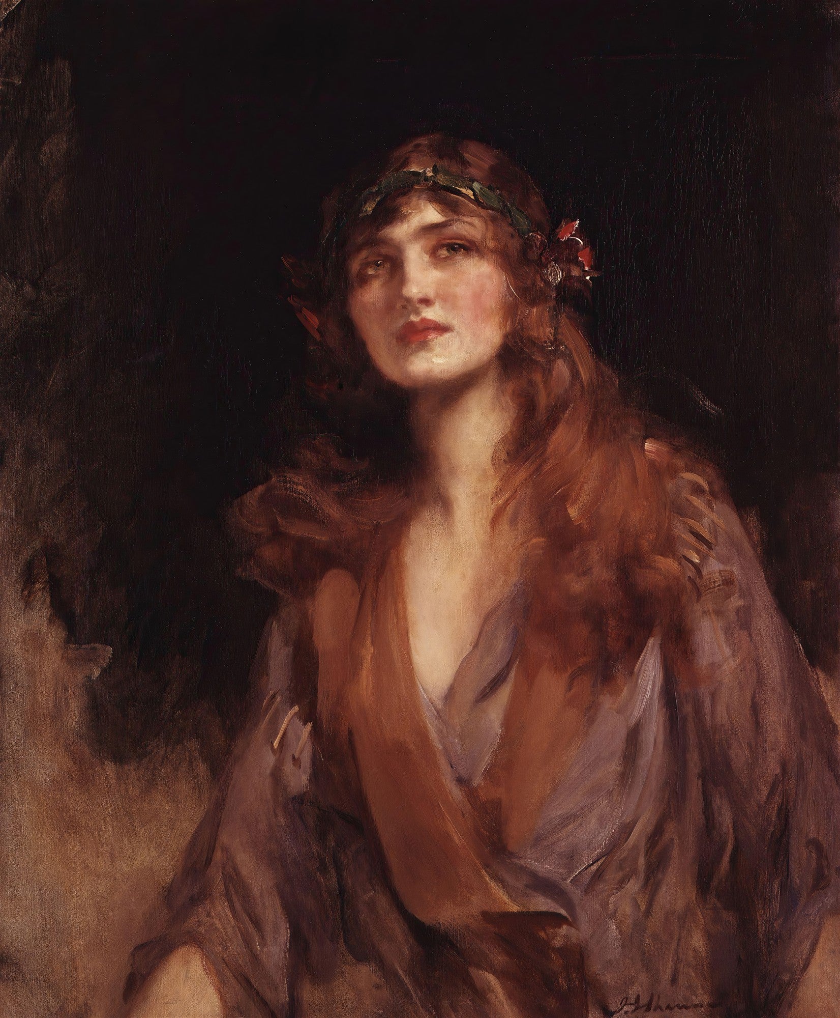 Retrato de uma mulher com cabelos ruivos, coroa de folhas e expressão pensativa, em tons escuros e terrosos, atribuído a James Jebusa Shannon
