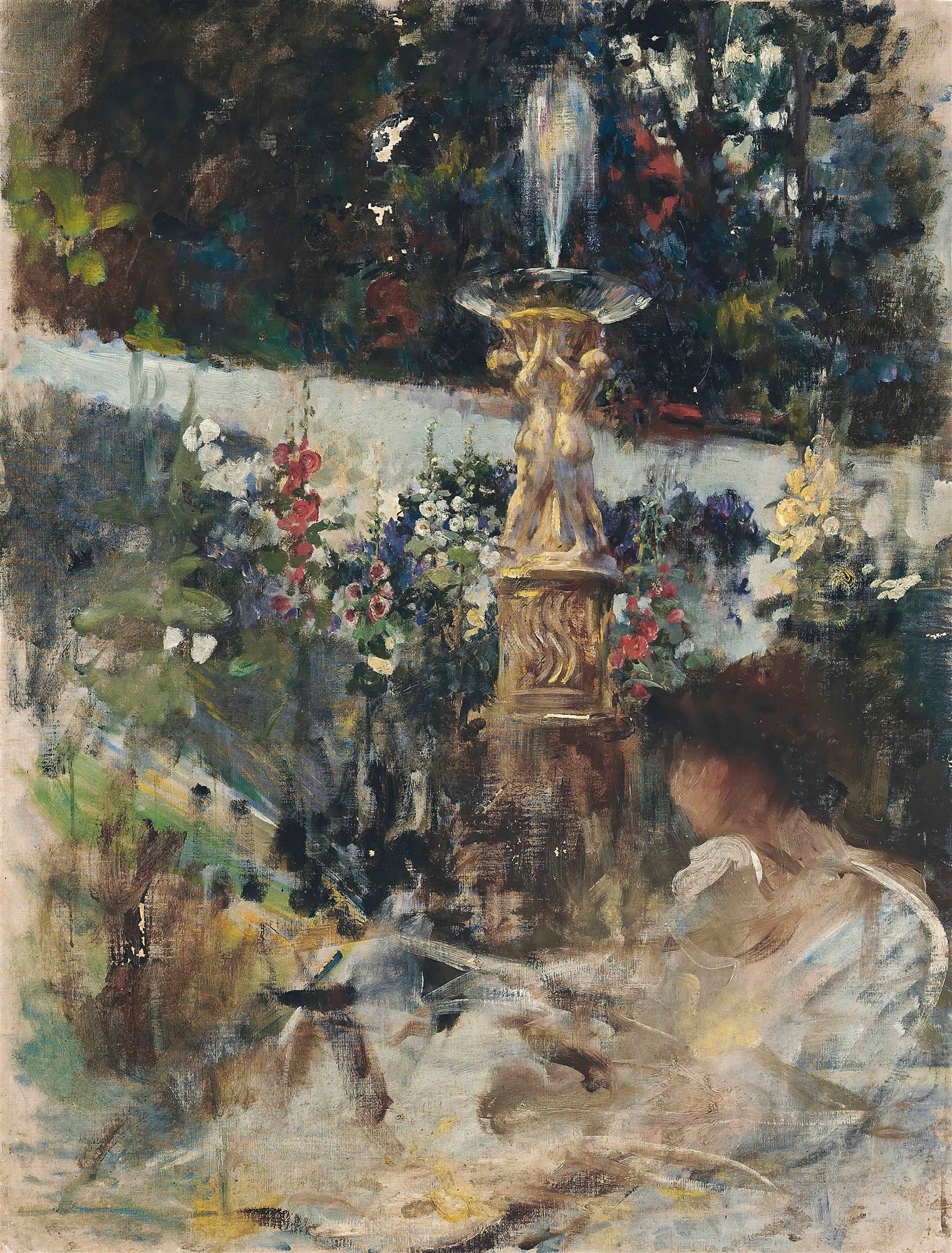 Quadro decorativo de James Jebusa Shannon, mostrando um jardim com uma fonte ornamentada ao centro, cercada por flores coloridas e vegetação densa. Uma figura feminina de costas aparece no canto inferior direito, imersa na paisagem. A técnica é de pinceladas soltas e cores vibrantes, remetendo ao estilo impressionista.