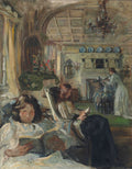 Pintura a óleo de James Jebusa Shannon retratando um interior com três mulheres. Uma mulher está sentada em primeiro plano lendo um livro. Outra mulher sentada atrás dela também lê. Uma terceira mulher está de pé ao fundo, organizando flores perto de uma lareira. O ambiente é um salão iluminado com arcos e um lustre.