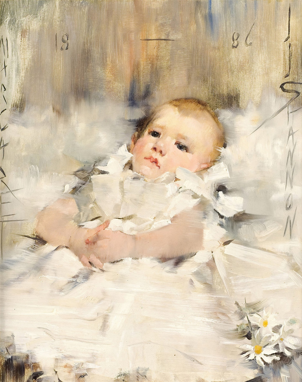 Quadro decorativo com retrato de um bebê deitado, envolto em tecidos brancos, com uma expressão serena e contemplativa. A pintura tem pinceladas soltas e um buquê de margaridas no canto inferior direito. Obra de James Jebusa Shannon.