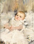 Quadro decorativo com retrato de um bebê deitado, envolto em tecidos brancos, com uma expressão serena e contemplativa. A pintura tem pinceladas soltas e um buquê de margaridas no canto inferior direito. Obra de James Jebusa Shannon.