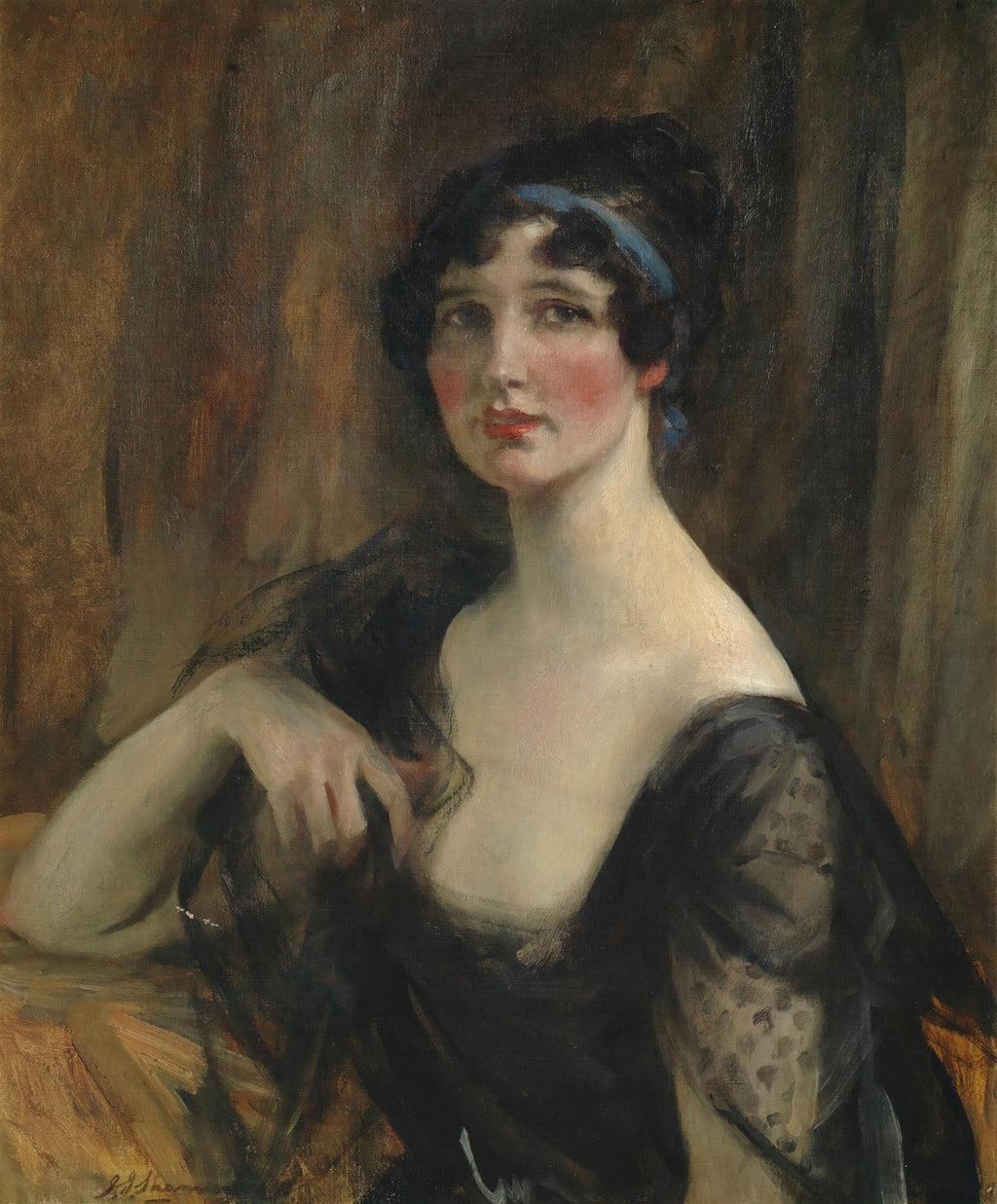 Retrato de uma mulher com cabelo escuro preso por uma fita azul, usando um vestido preto decotado, pintura a óleo atribuída a James Jebusa Shannon.