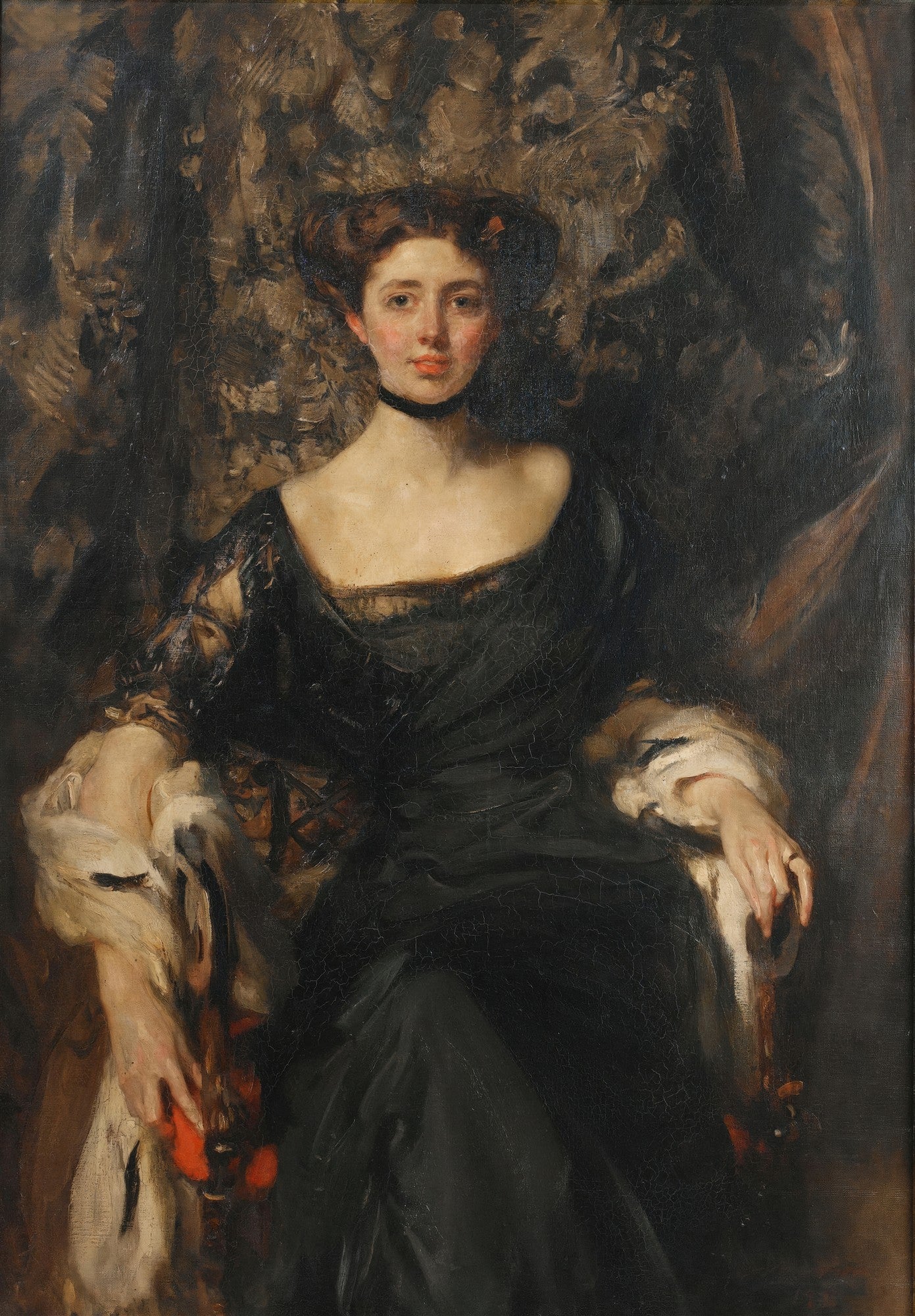 Retrato a óleo de uma mulher sentada, com vestes escuras e gola choker, olhando diretamente para o espectador, com um fundo abstrato e escuro. Obra de James Jebusa Shannon.