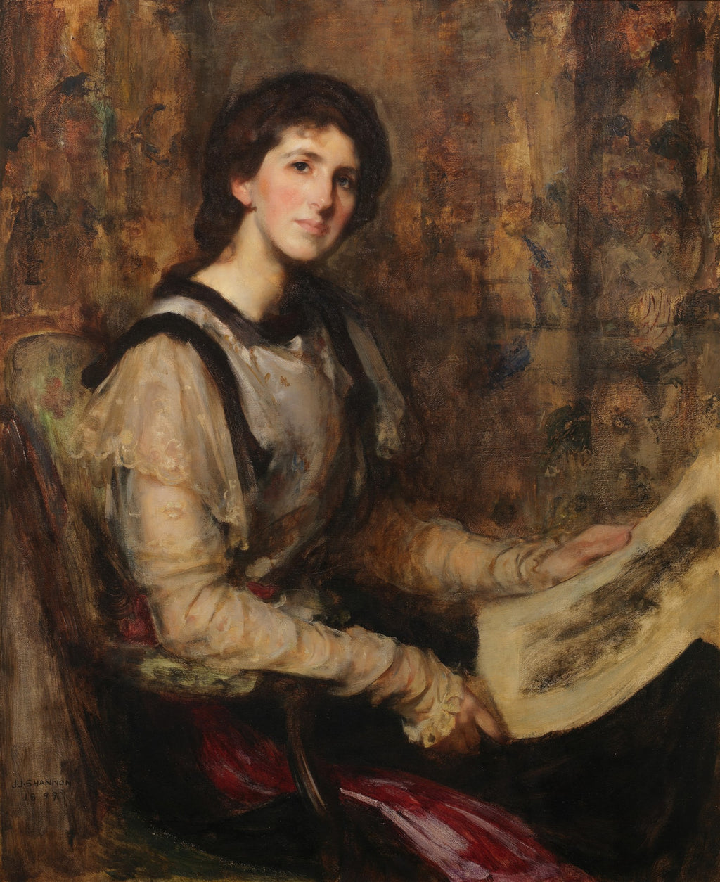 Retrato a óleo de uma jovem mulher com cabelos escuros, sentada em uma cadeira, segurando um papel. O fundo é abstrato em tons terrosos. Assinado por J.J. Shannon 1897.