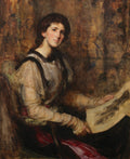 Retrato a óleo de uma jovem mulher com cabelos escuros, sentada em uma cadeira, segurando um papel. O fundo é abstrato em tons terrosos. Assinado por J.J. Shannon 1897.
