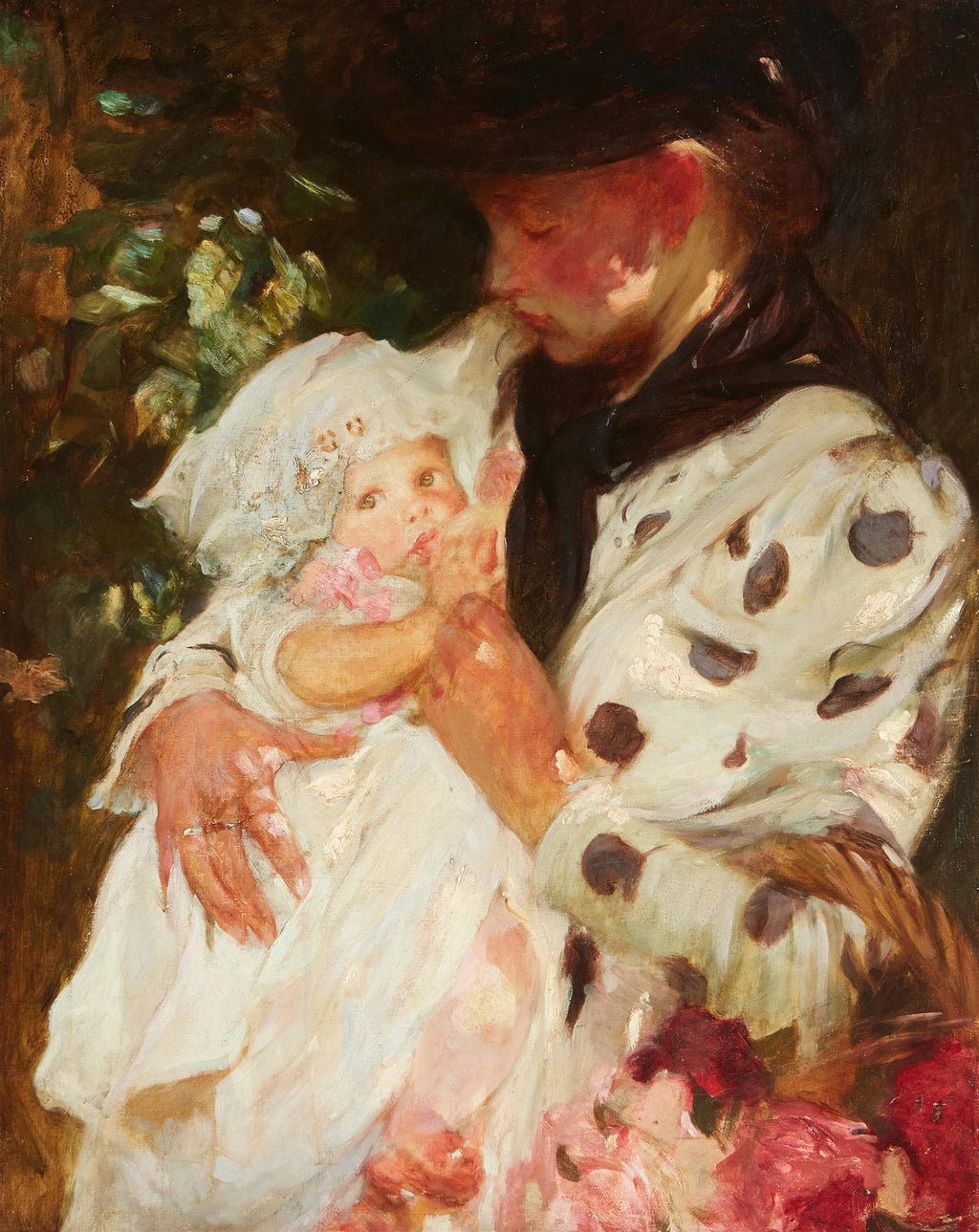 Pintura a óleo de James Jebusa Shannon retratando uma mulher segurando um bebê. A mulher, com chapéu escuro e vestindo uma blusa clara com manchas escuras, inclina a cabeça em direção ao bebê, que usa um gorro branco rendado e segura uma flor rosada. As cores são quentes, com tons terrosos e rosas.