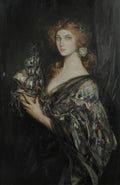 Retrato de uma mulher de cabelos ruivos, adornada com folhas e uma rosa, segurando um navio em miniatura, em um fundo escuro. Obra de James Jebusa Shannon.