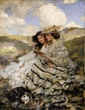 Quadro decorativo de James Jebusa Shannon, 'Duas Mulheres com Livro', retratando duas mulheres jovens sentadas em um campo, lendo um livro, com um cachorro deitado ao lado delas. Céu com nuvens e paisagem ao fundo.