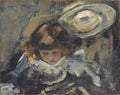 Pintura a óleo de James Jebusa Shannon, retratando uma criança de cabelos castanhos claros e bochechas rosadas, com um chapéu grande e claro, em tons de cinza, marrom e branco, com pinceladas soltas e textura visível.