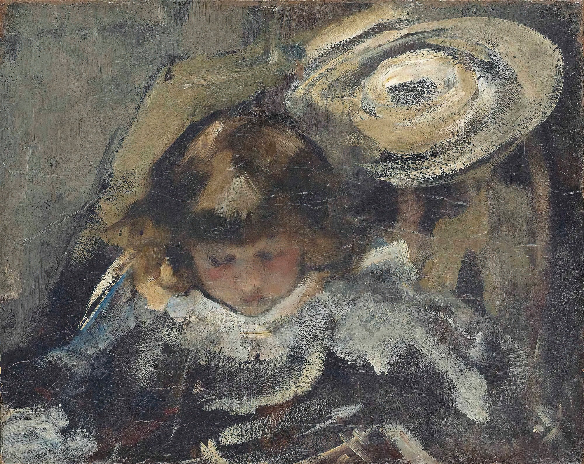 Pintura a óleo de James Jebusa Shannon, retratando uma criança de cabelos castanhos claros e bochechas rosadas, com um chapéu grande e claro, em tons de cinza, marrom e branco, com pinceladas soltas e textura visível.