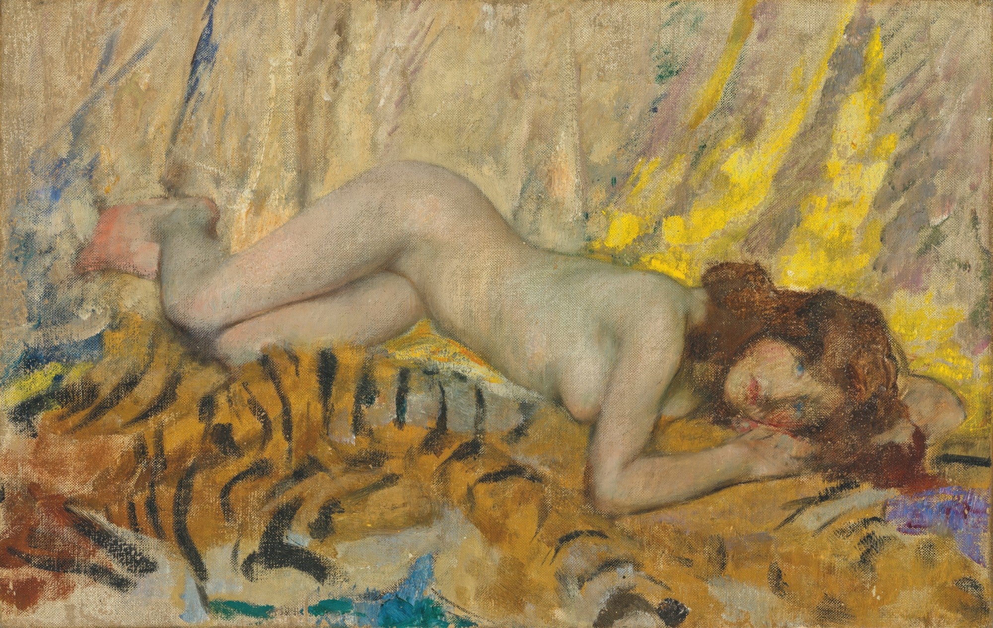 Pintura a óleo de uma mulher nua reclinada sobre um tecido que parece ter estampa de tigre. A mulher tem cabelos ruivos e está deitada de lado, com o rosto apoiado nos braços. O fundo é em tons de amarelo e marrom claro, com pinceladas soltas e vibrantes. A luz incide suavemente sobre o corpo da mulher.