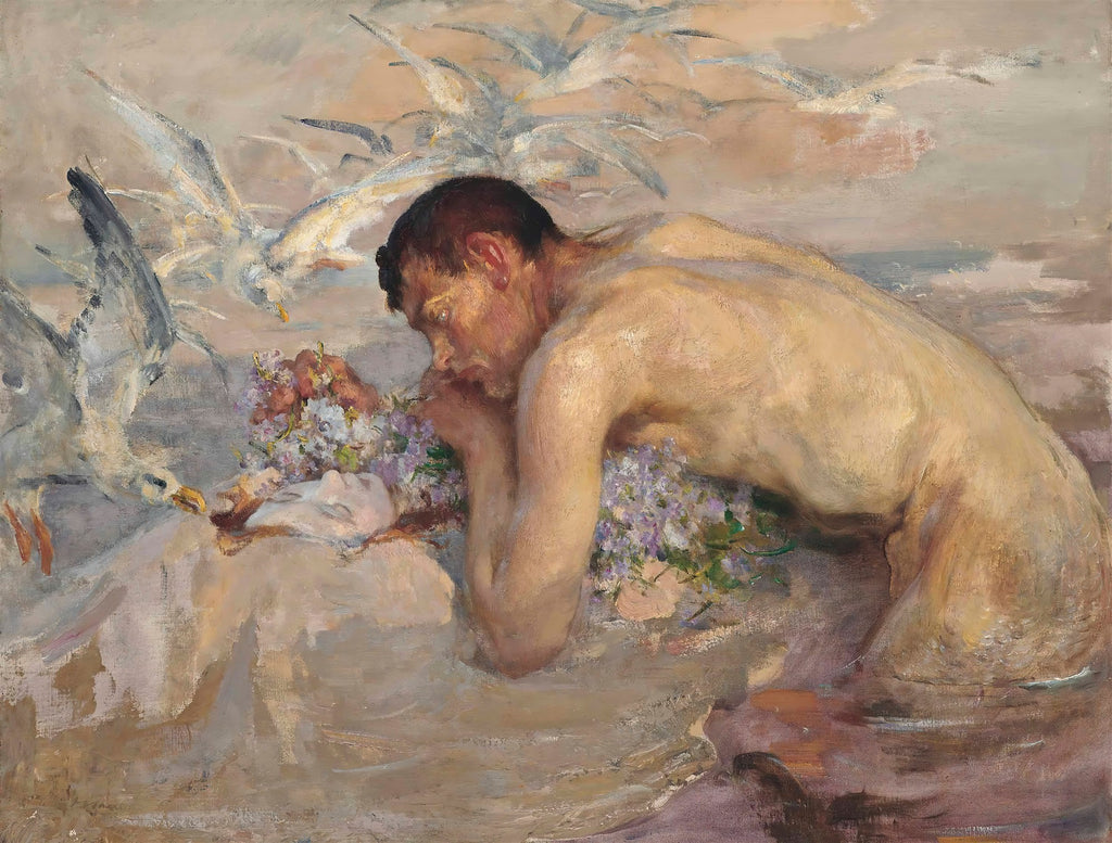 Pintura a óleo de James Jebusa Shannon, 'Sereia e o Pescador', mostrando um homem nu ajoelhado sobre uma mulher pálida com flores, cercados por gaivotas em uma cena beira-mar melancólica e etérea.