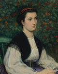 Retrato de uma mulher jovem sentada em uma cadeira verde, com um olhar pensativo, vestindo blusa branca, colete preto bordado e saia roxa, em frente a um fundo de folhagem verde com flores laranjas. Assinatura do artista 'James Tissot' visível na cadeira.