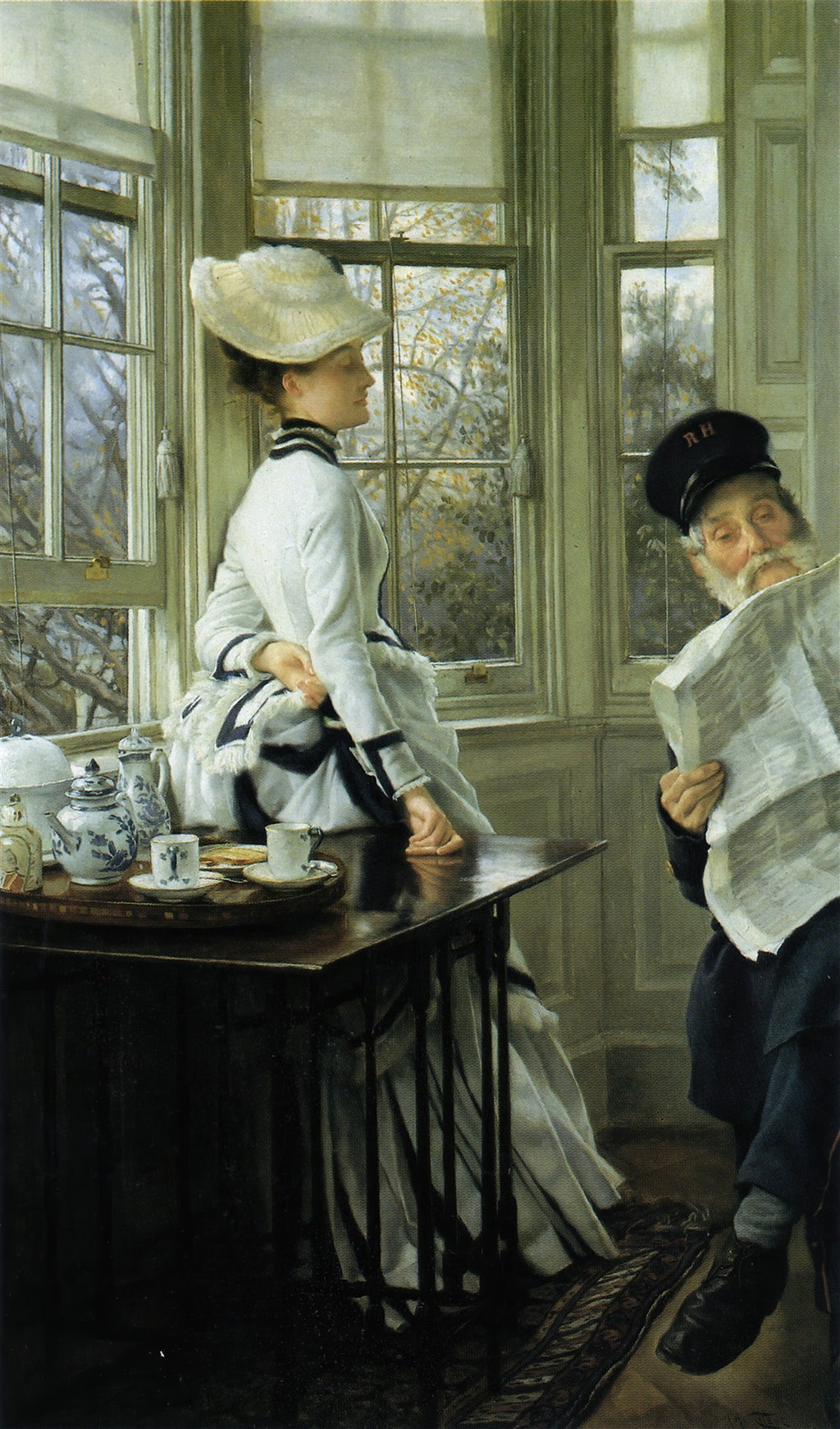 Quadro 'A Despedida' de James Tissot, retratando uma mulher elegante de branco observando pela janela e um homem lendo jornal em ambiente vitoriano, com uma bandeja de chá.