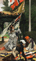 Mulheres em vestidos elegantes e um homem com gorro vermelho desdobram e içam bandeiras coloridas em um jardim, obra de James Tissot.