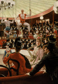 Pintura de James Tissot mostrando um circo com trapezistas no alto e uma plateia elegante vestida com roupas de época. Mulheres com chapéus elaborados e homens de cartola assistem ao espetáculo, enquanto um palhaço aparece em primeiro plano à esquerda. A cena é iluminada por lustres e reflete a vida social do século XIX.