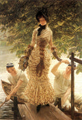 Pintura a óleo de James Tissot, 'A Chegada', retratando uma mulher elegantemente vestida desembarcando de um barco, auxiliada por dois homens, em um cenário à beira da água com folhagem verde exuberante.