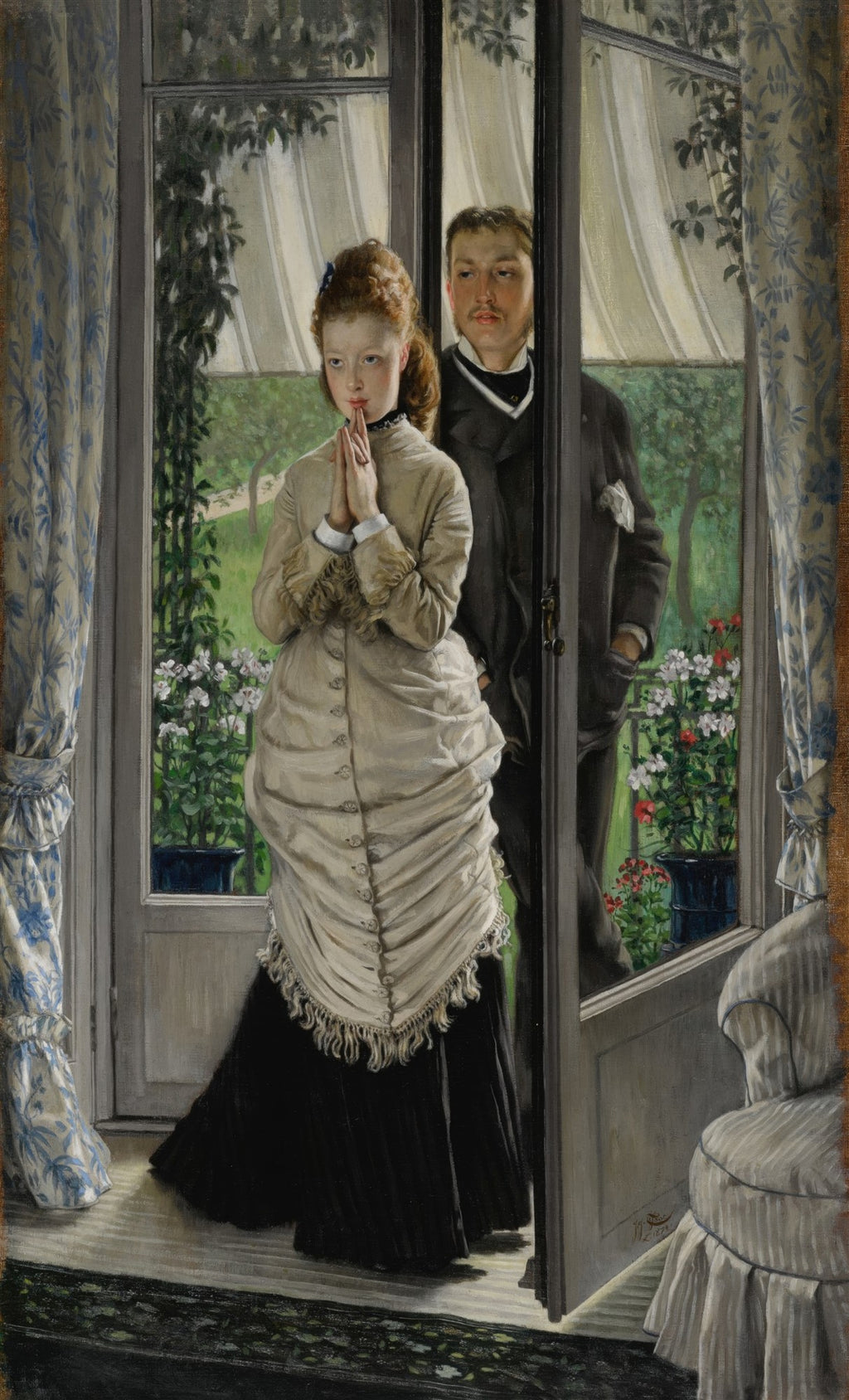 Quadro decorativo 'A Despedida' de James Tissot, mostrando uma mulher com as mãos postas e um homem ao fundo, através de uma porta de vidro.