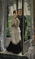 Quadro decorativo 'A Despedida' de James Tissot, mostrando uma mulher com as mãos postas e um homem ao fundo, através de uma porta de vidro.