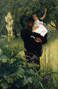 Quadro decorativo "O Pai Amado" de James Tissot, representando um homem barbudo carregando uma criança em um jardim florido, com folhagens verdes e flores brancas e roxas.