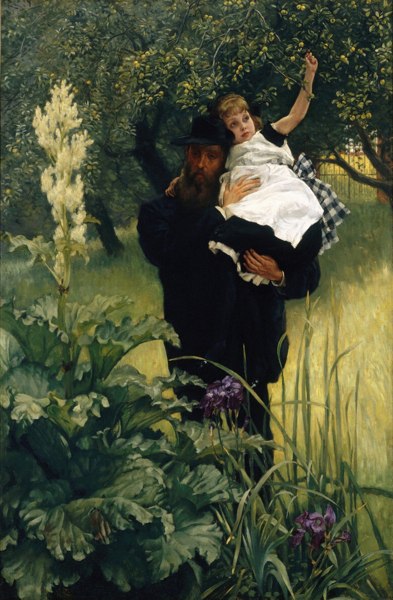 Quadro decorativo "O Pai Amado" de James Tissot, representando um homem barbudo carregando uma criança em um jardim florido, com folhagens verdes e flores brancas e roxas.