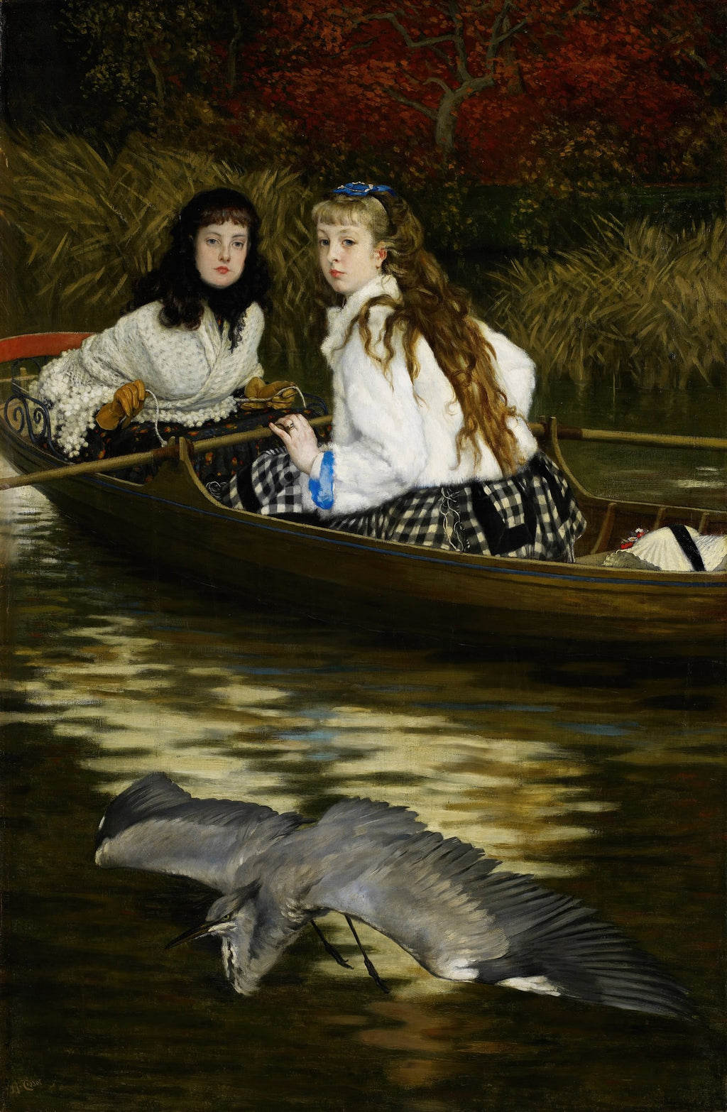 Quadro decorativo com duas mulheres jovens em um barco, vestidas com roupas de época, em um lago com uma garça cinza voando sobre a água. A cena é outonal, com folhagens avermelhadas ao fundo. Obra de James Tissot.