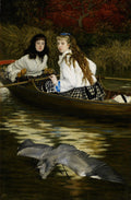 Quadro decorativo com duas mulheres jovens em um barco, vestidas com roupas de época, em um lago com uma garça cinza voando sobre a água. A cena é outonal, com folhagens avermelhadas ao fundo. Obra de James Tissot.