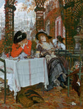 Quadro decorativo 'A Festa de Outono' de James Tissot, mostrando um casal elegante em um jardim outonal com vista para um porto. A mulher está sentada com um cachorro pequeno no colo, e o homem está com o rosto apoiado nas mãos, ambos em uma mesa com toalha branca. Folhas secas cobrem o chão. A cena evoca romance e melancolia.