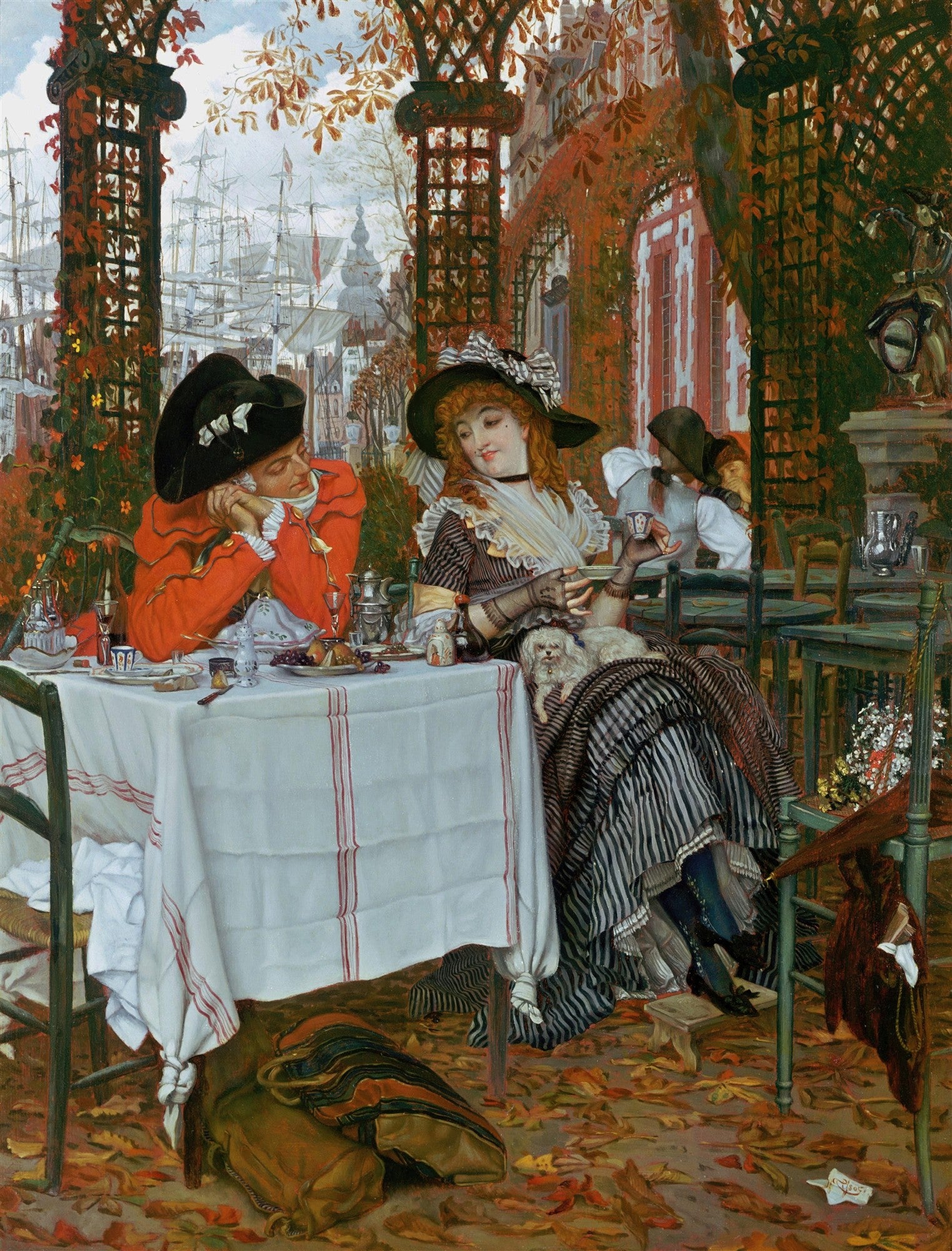 Quadro decorativo 'A Festa de Outono' de James Tissot, mostrando um casal elegante em um jardim outonal com vista para um porto. A mulher está sentada com um cachorro pequeno no colo, e o homem está com o rosto apoiado nas mãos, ambos em uma mesa com toalha branca. Folhas secas cobrem o chão. A cena evoca romance e melancolia.