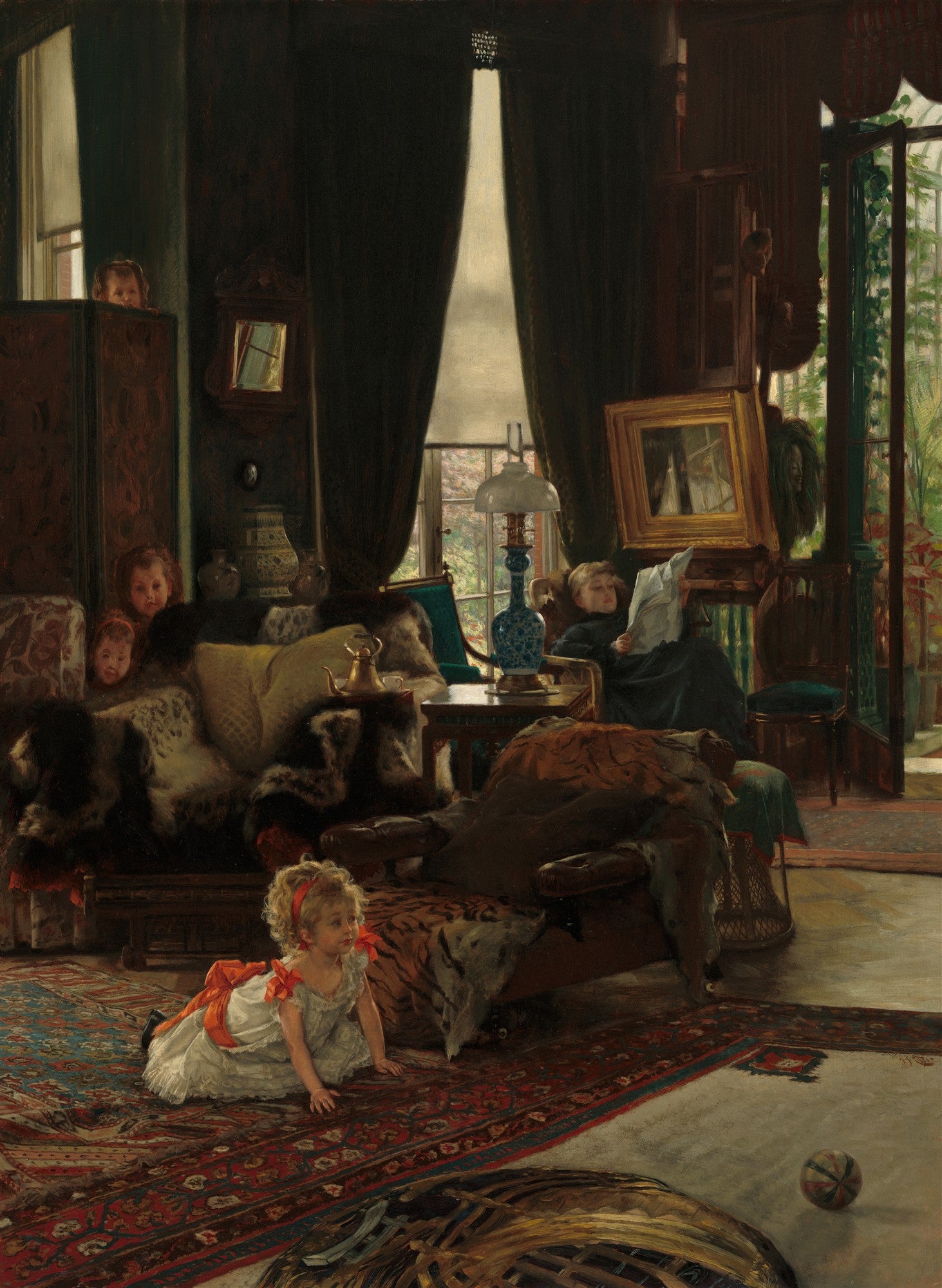 Quadro decorativo 'A Quiet Afternoon' de James Tissot, mostrando um interior vitoriano com uma mulher lendo e crianças brincando.