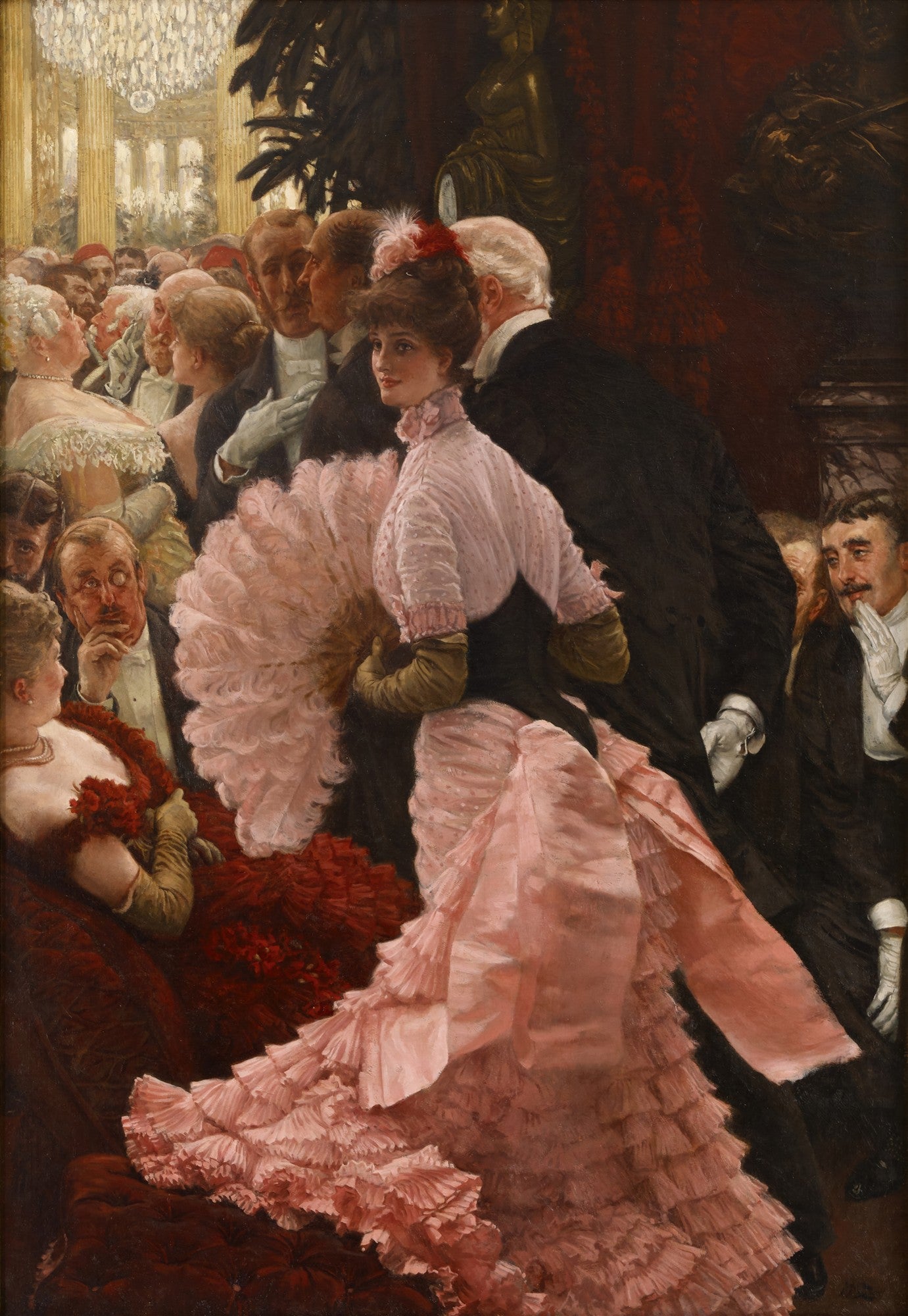 Quadro de James Tissot, 'A Festa de Gala', representando uma cena social animada com uma mulher em um vestido rosa no centro, rodeada por convidados em um salão opulento.