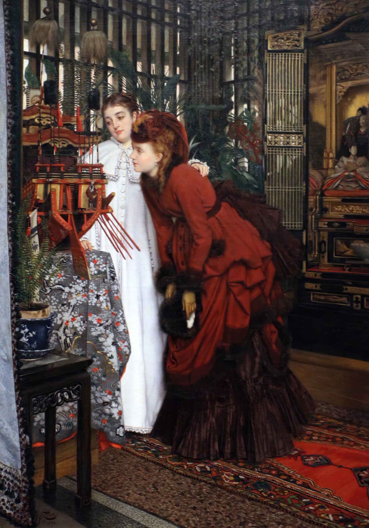 Quadro decorativo de James Tissot, 'The Two Sisters (Japanese Decor)', mostrando duas jovens mulheres admirando objetos de arte japonesa em um interior ricamente decorado.